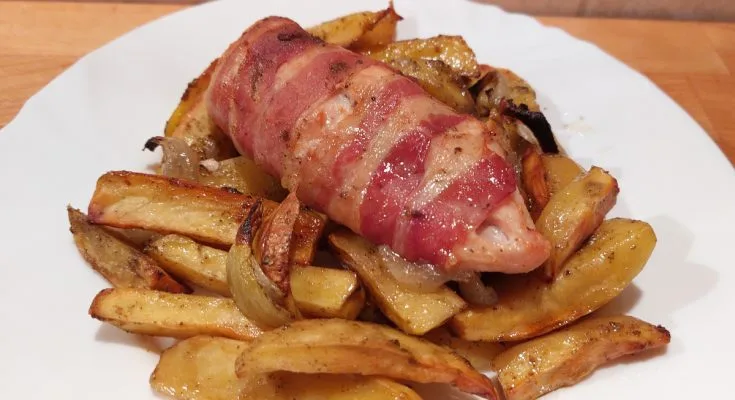 csirkemell pékné módra baconbe tekerve krumplival